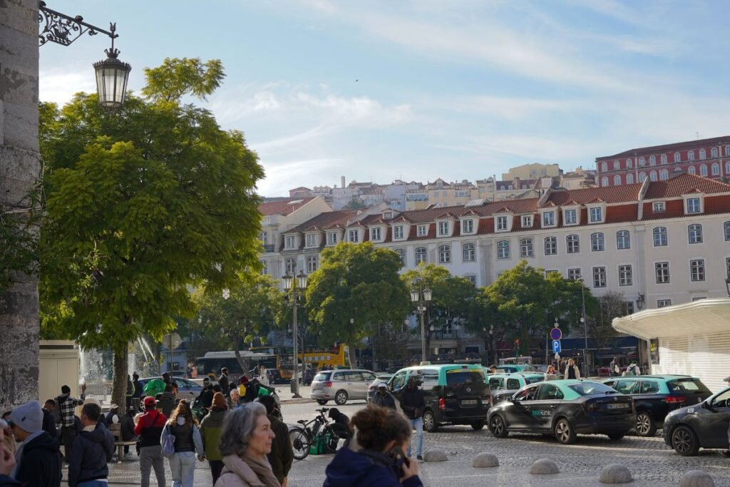 A busy street in a European city