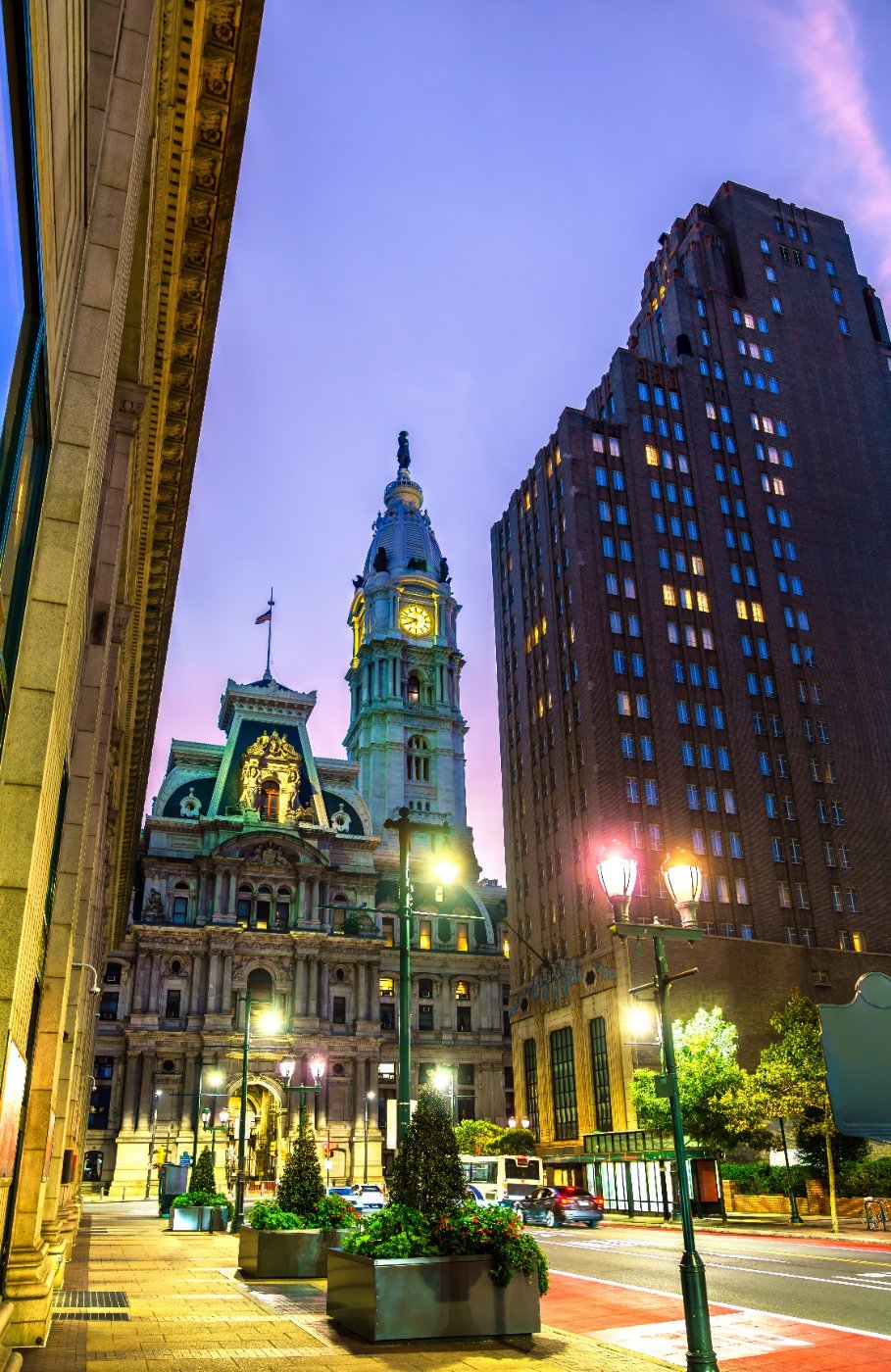 Philadelphia City Hall seen from Market Street at sunset