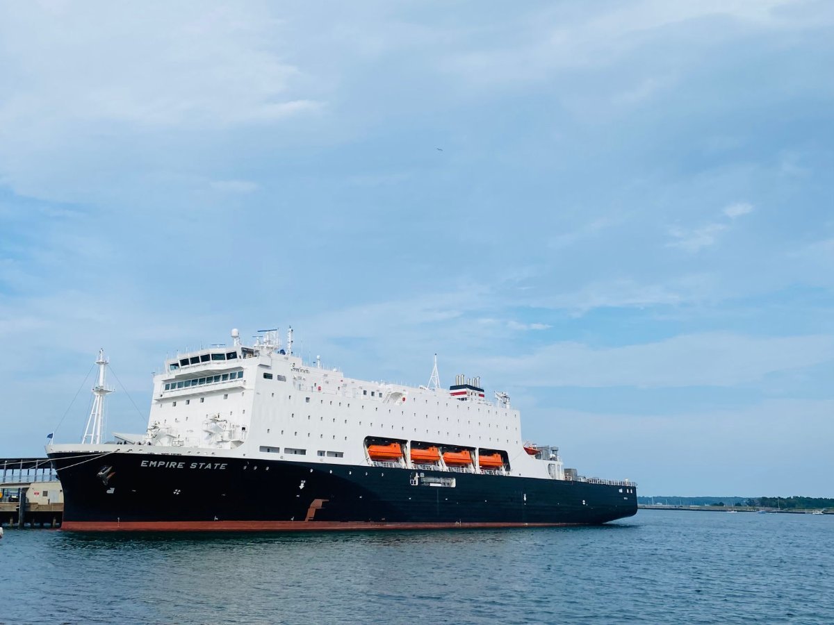 A ship docked at the waterfront in Portland, Maine