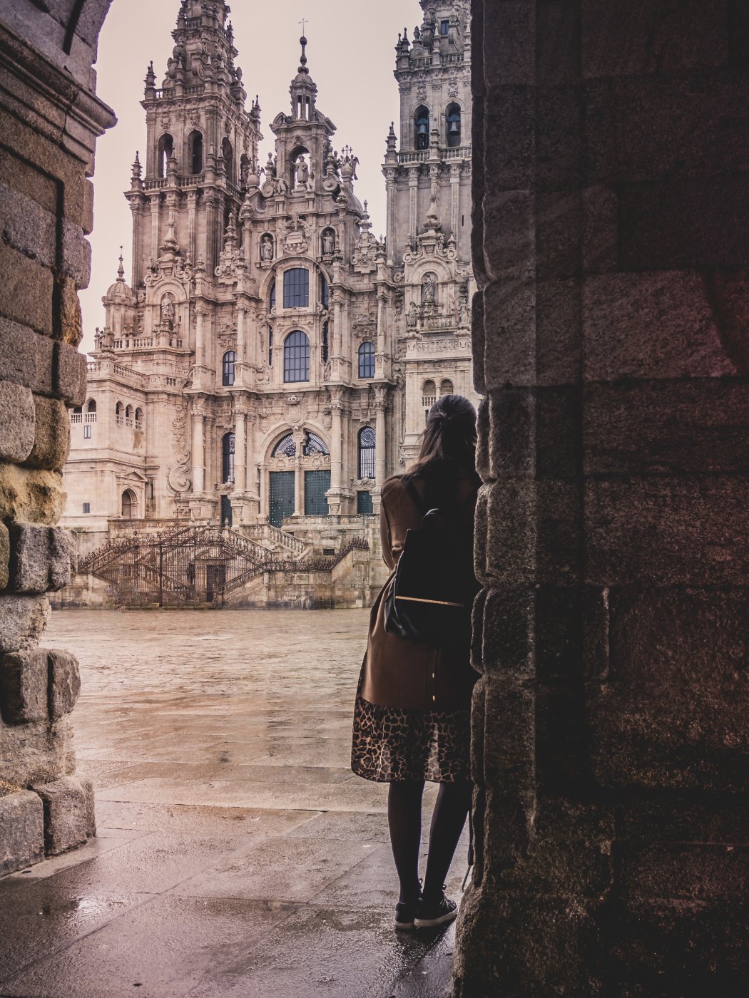 Outside the cathedral in Santiago de Compostela on a wet day
