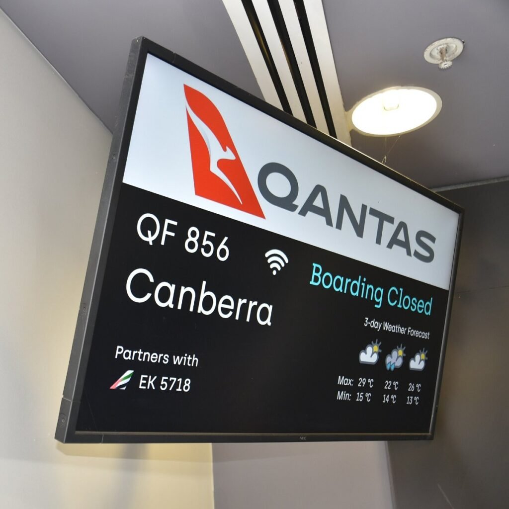 An airport departure board at the start of a trip