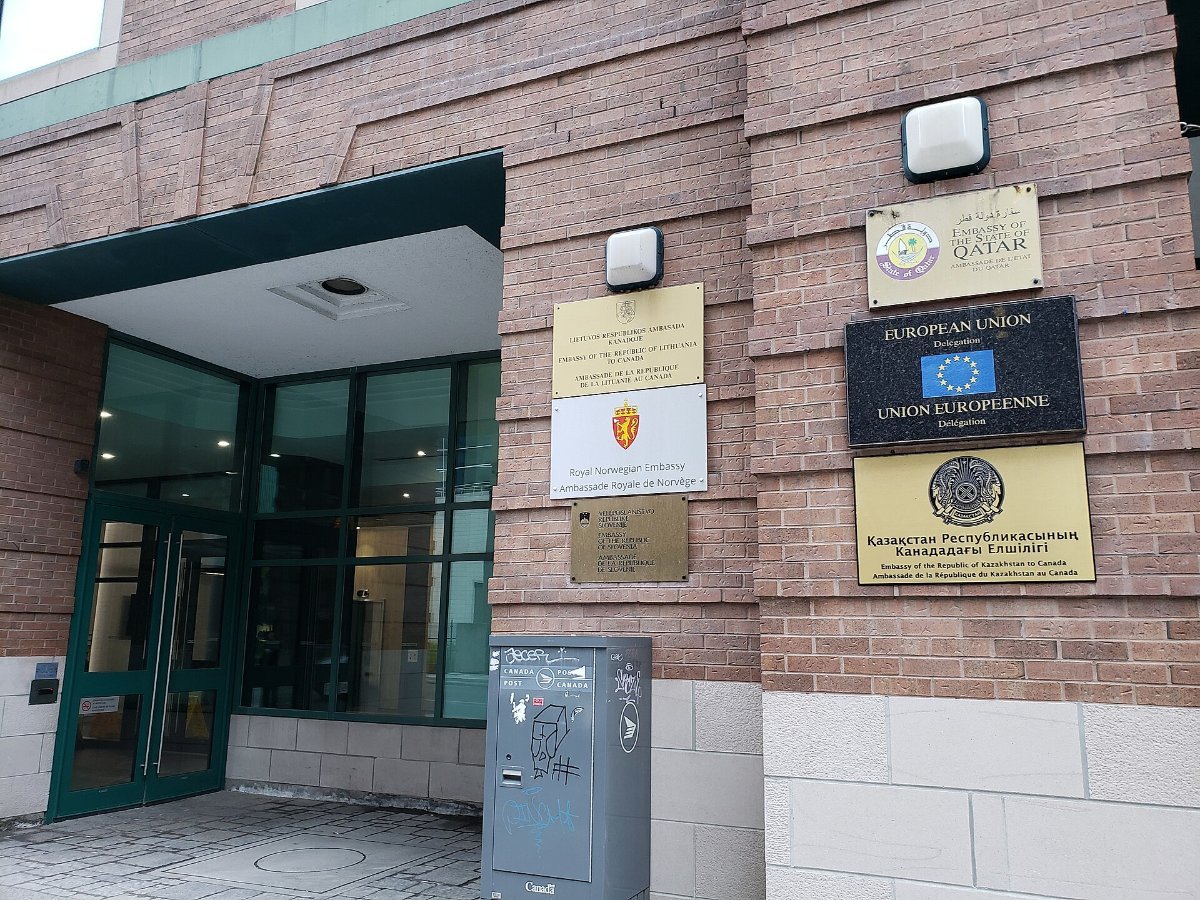Embassy signage on a building