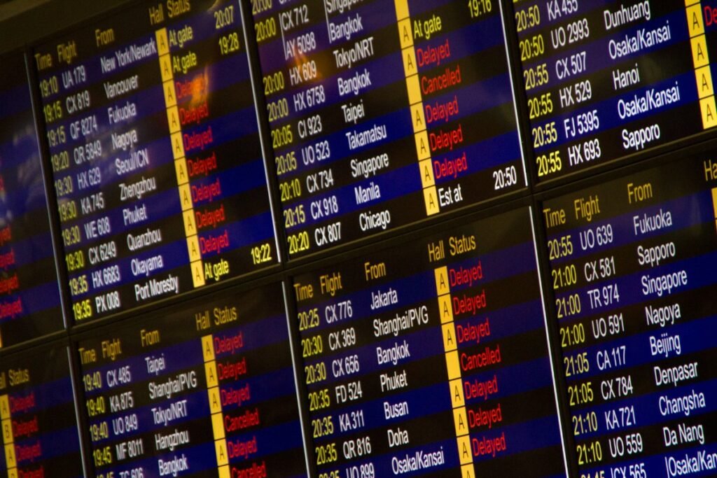 An airport flight information board