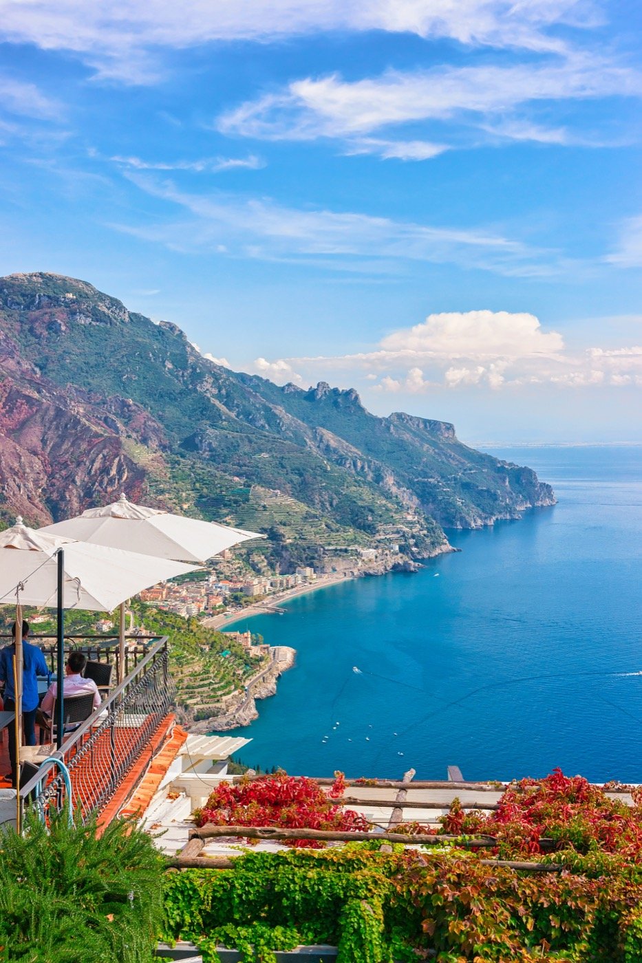 An open air cafe with umbrellas in Ravello village