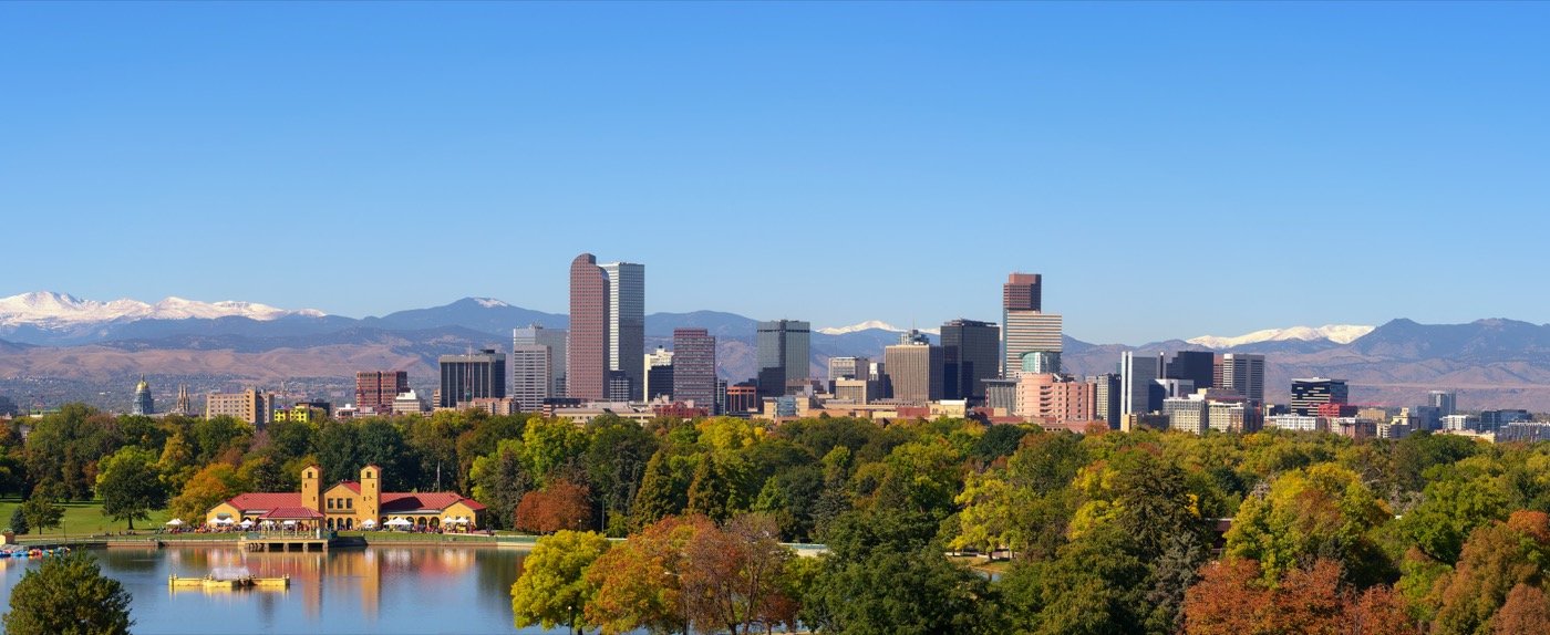 Denver downtown skyline with the Rocky Mountains behind