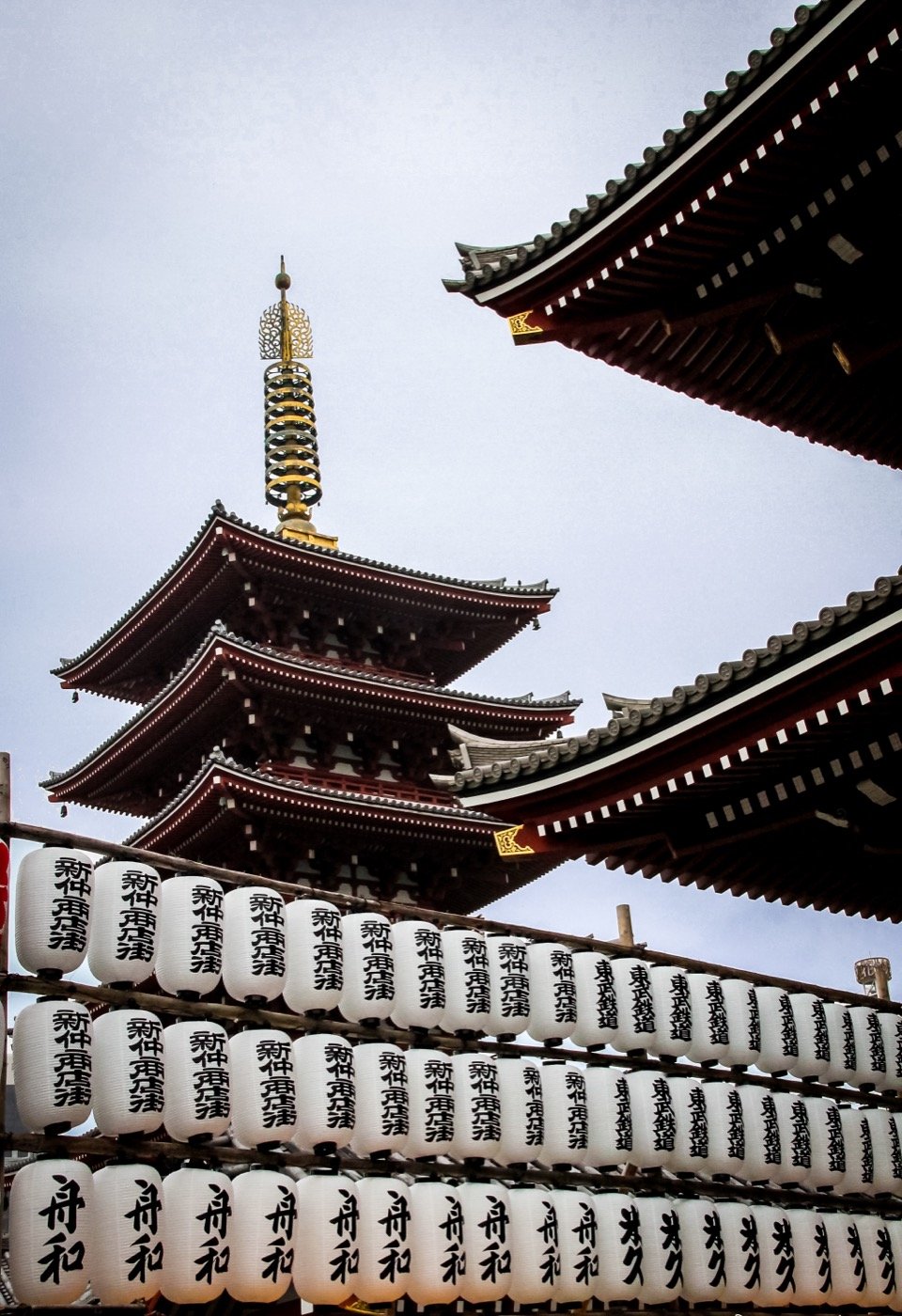 Paper lanterns and the pagoda at Sensoji Temple, Tokyo