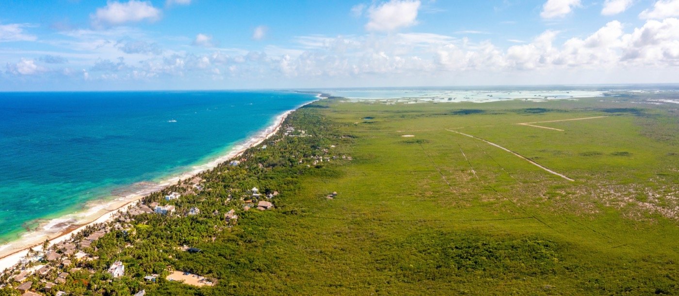 Aerial view of the Tulum coastline and Caribbean sea, Mexico