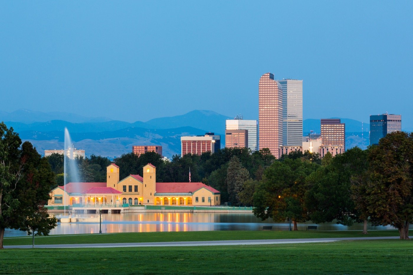 Denver skyline seen across Ferril Lake in City Park
