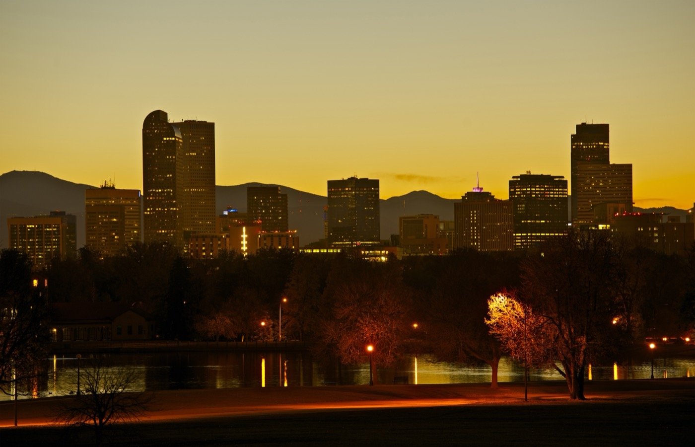 Denver City Park with the skyline beyond