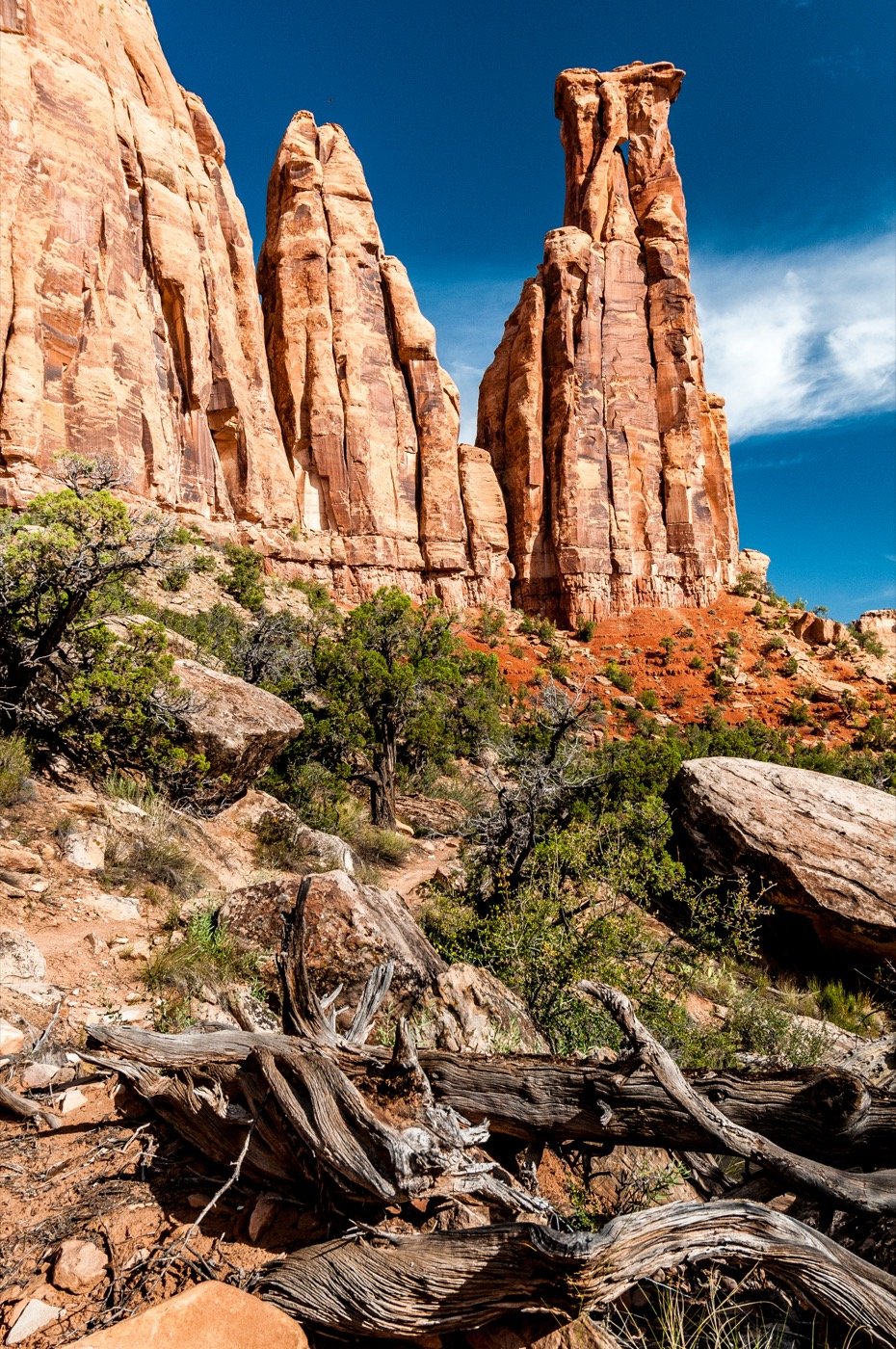 Red rock cliffs under a blue Colorado sky