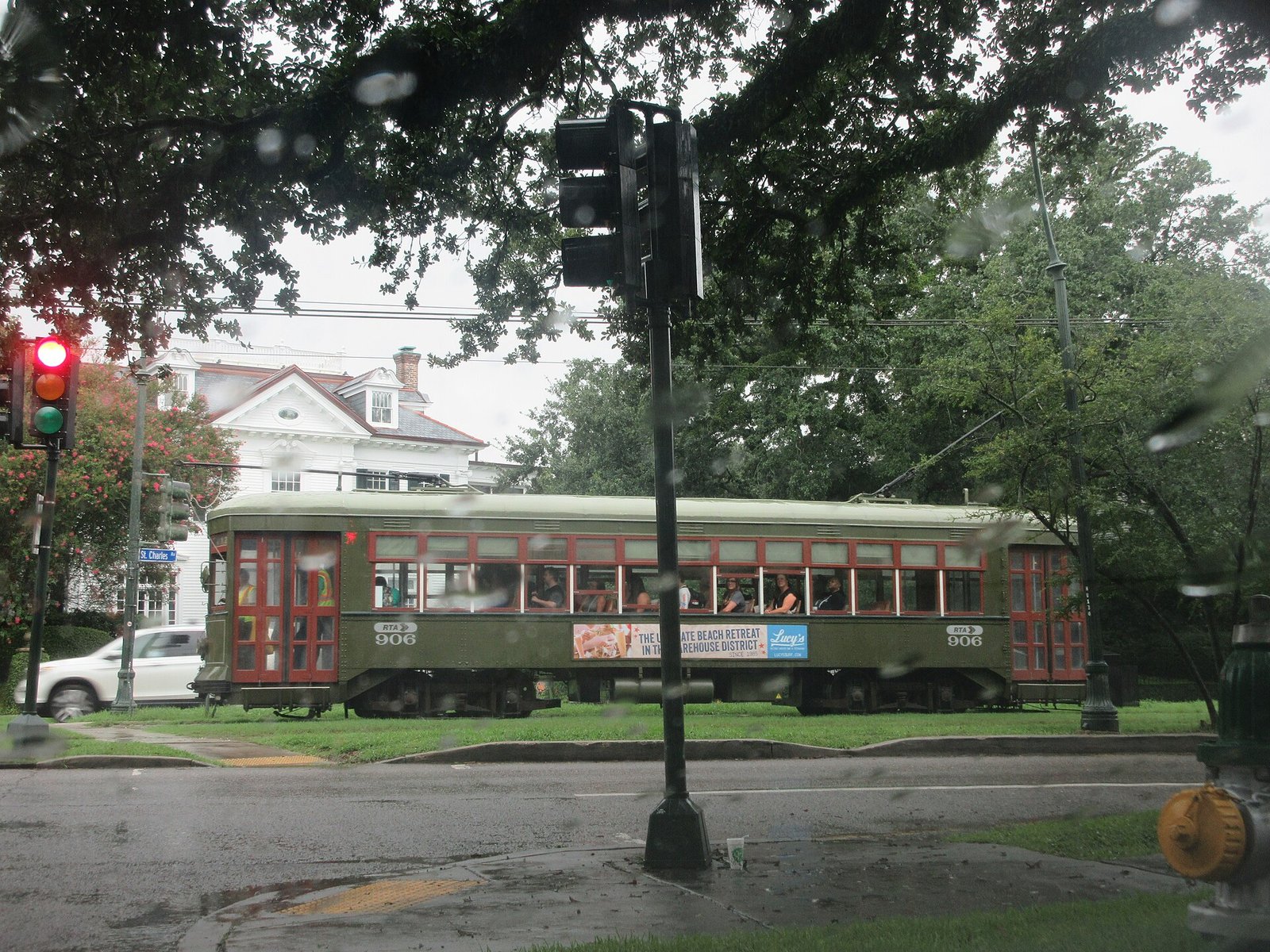 A green St. Charles Avenue streetcar in New Orleans