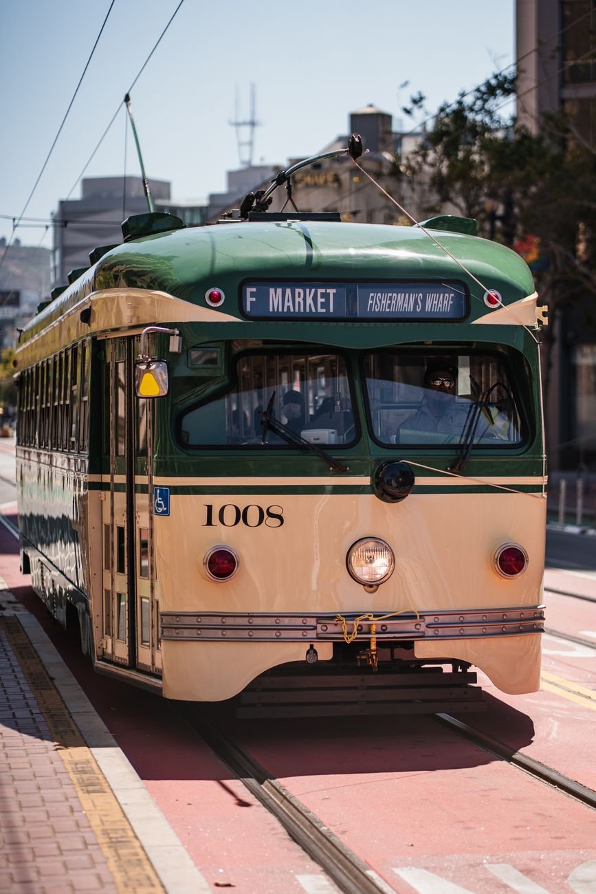 A vintage F-line streetcar on Market Street, San Francisco