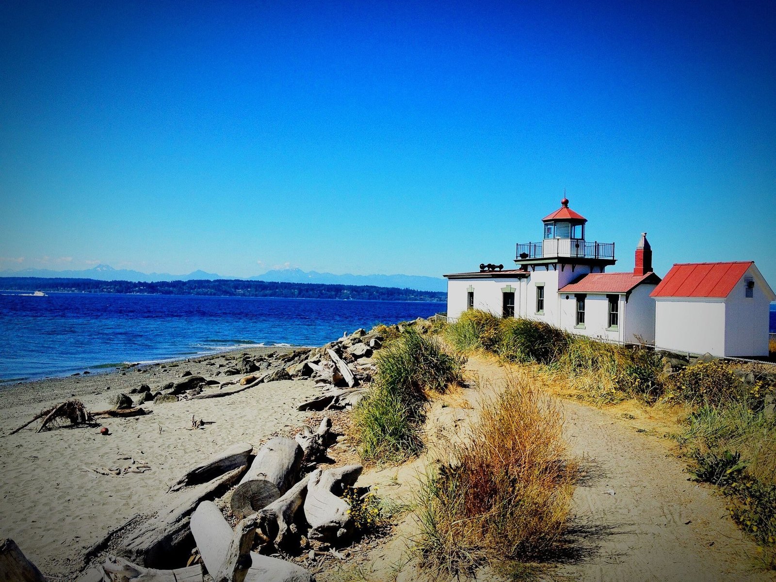 West Point Lighthouse on the beach at Discovery Park in Seattle