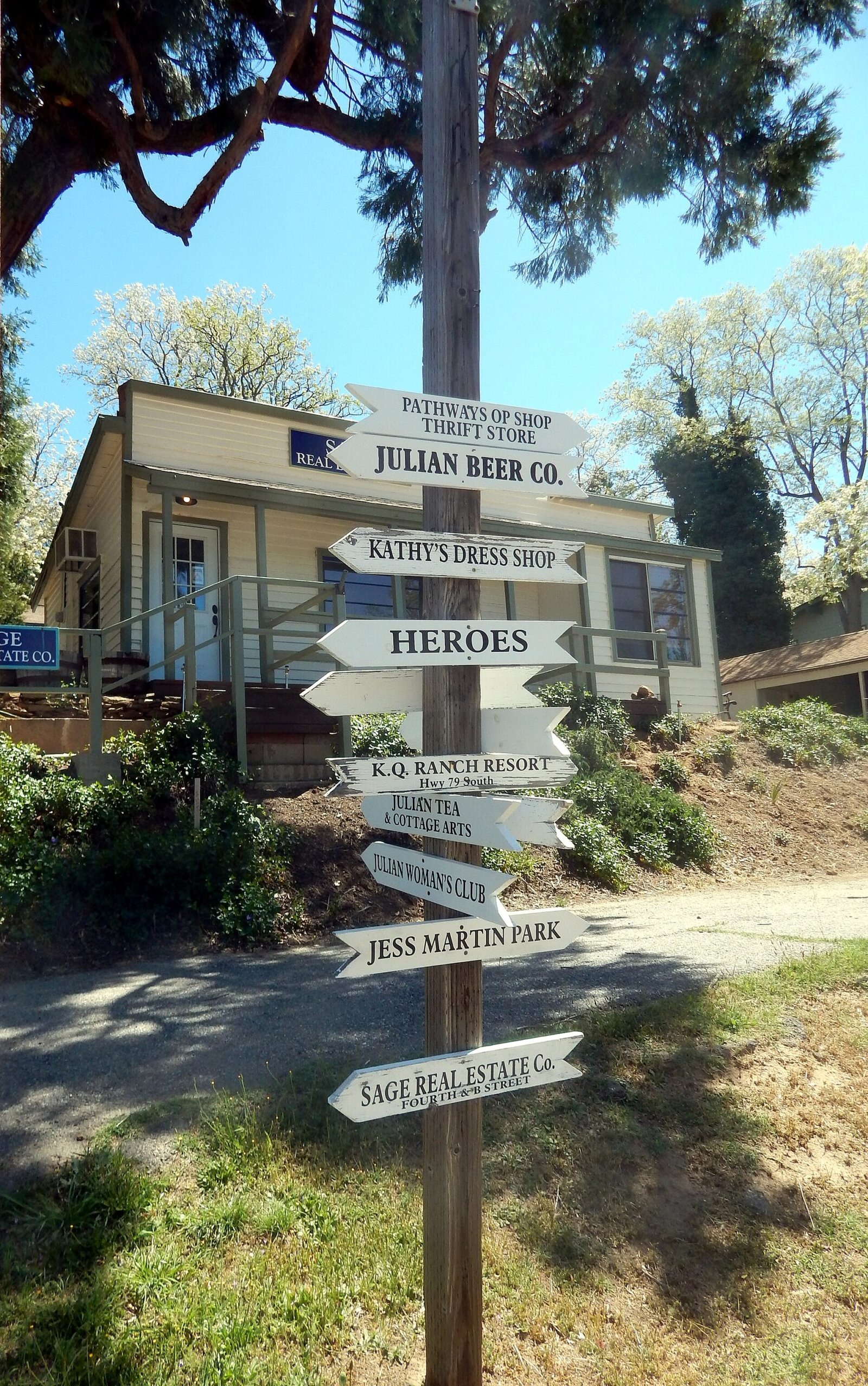 Signposts in the mountain town of Julian, California