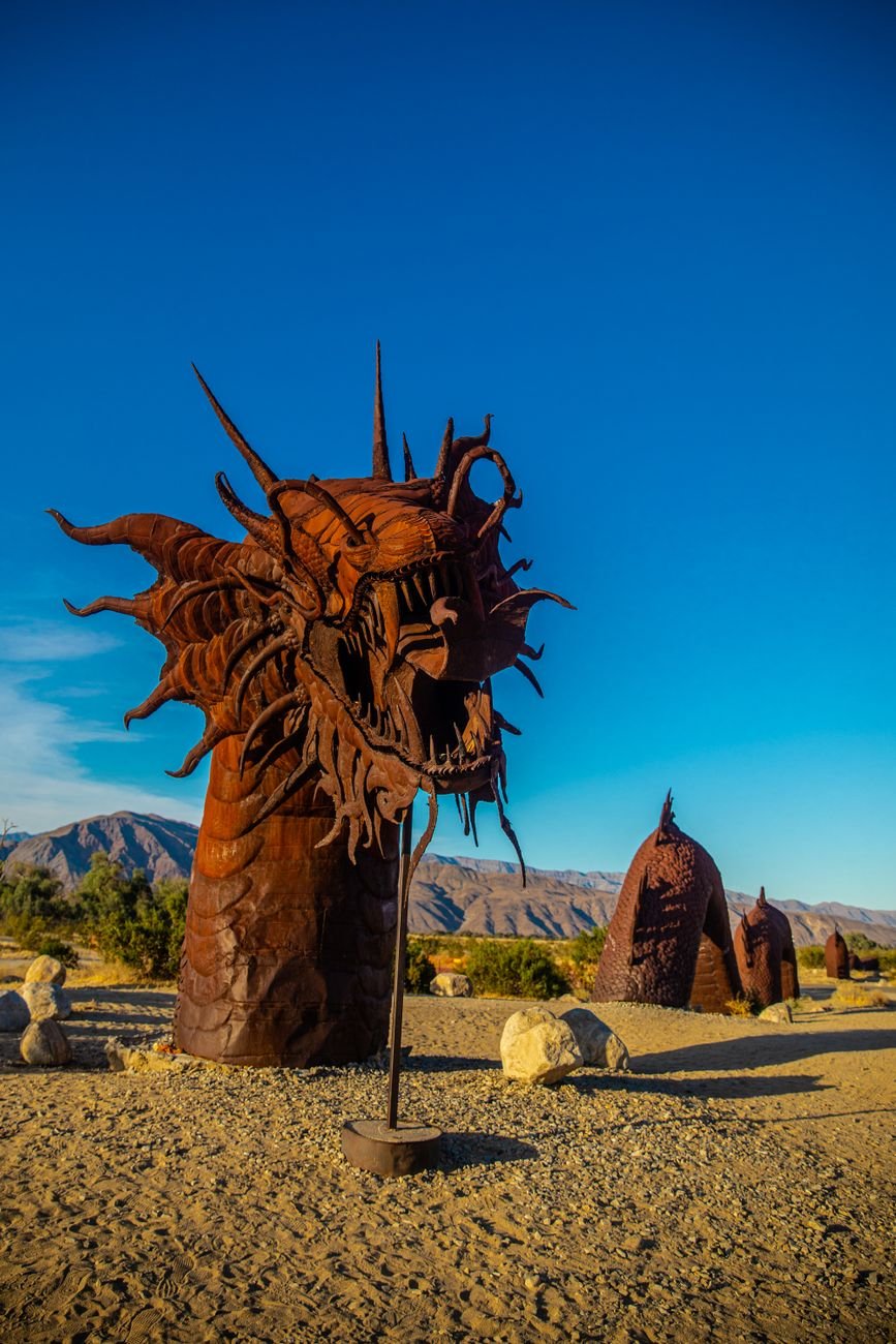 A giant metal dragon sculpture in the desert at Borrego Springs