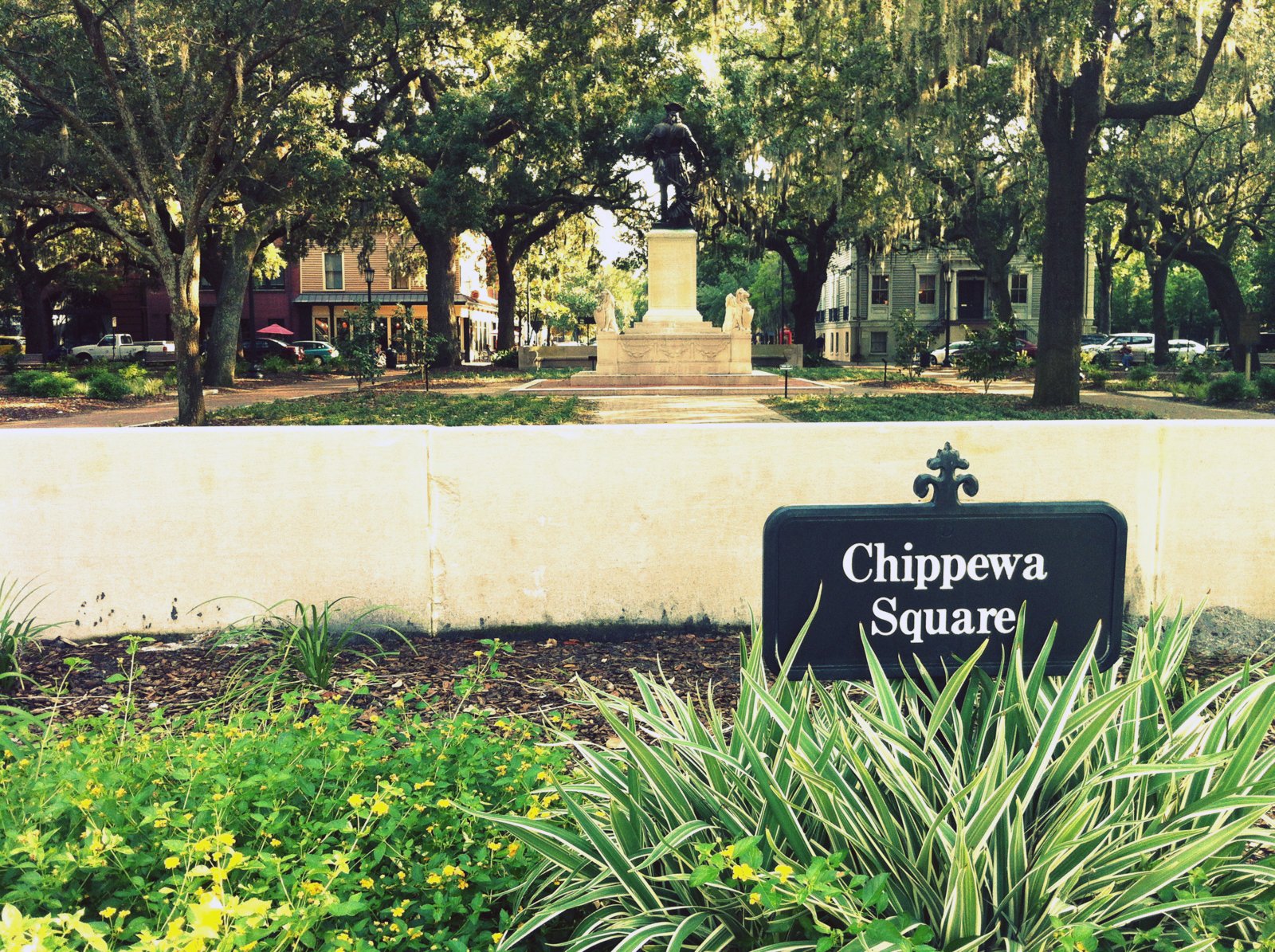 Spanish moss over a historic square in Savannah, Georgia