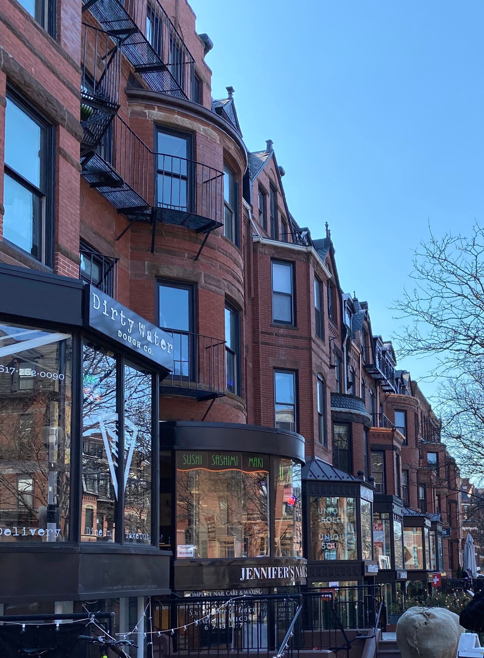 Brownstone shops along Newbury Street in Back Bay