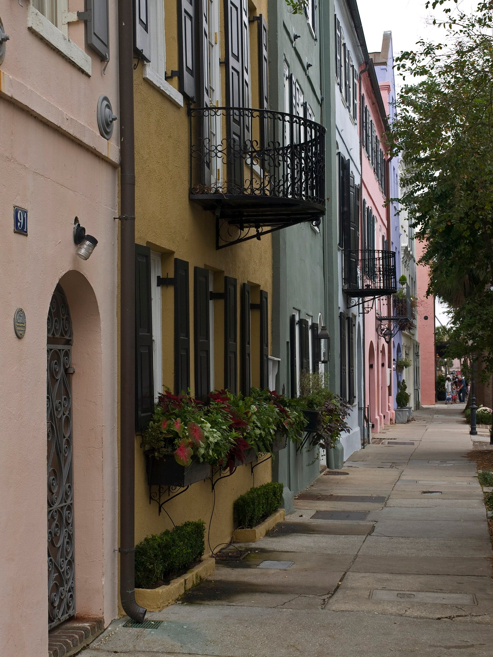 Pastel facades along Rainbow Row in Charleston