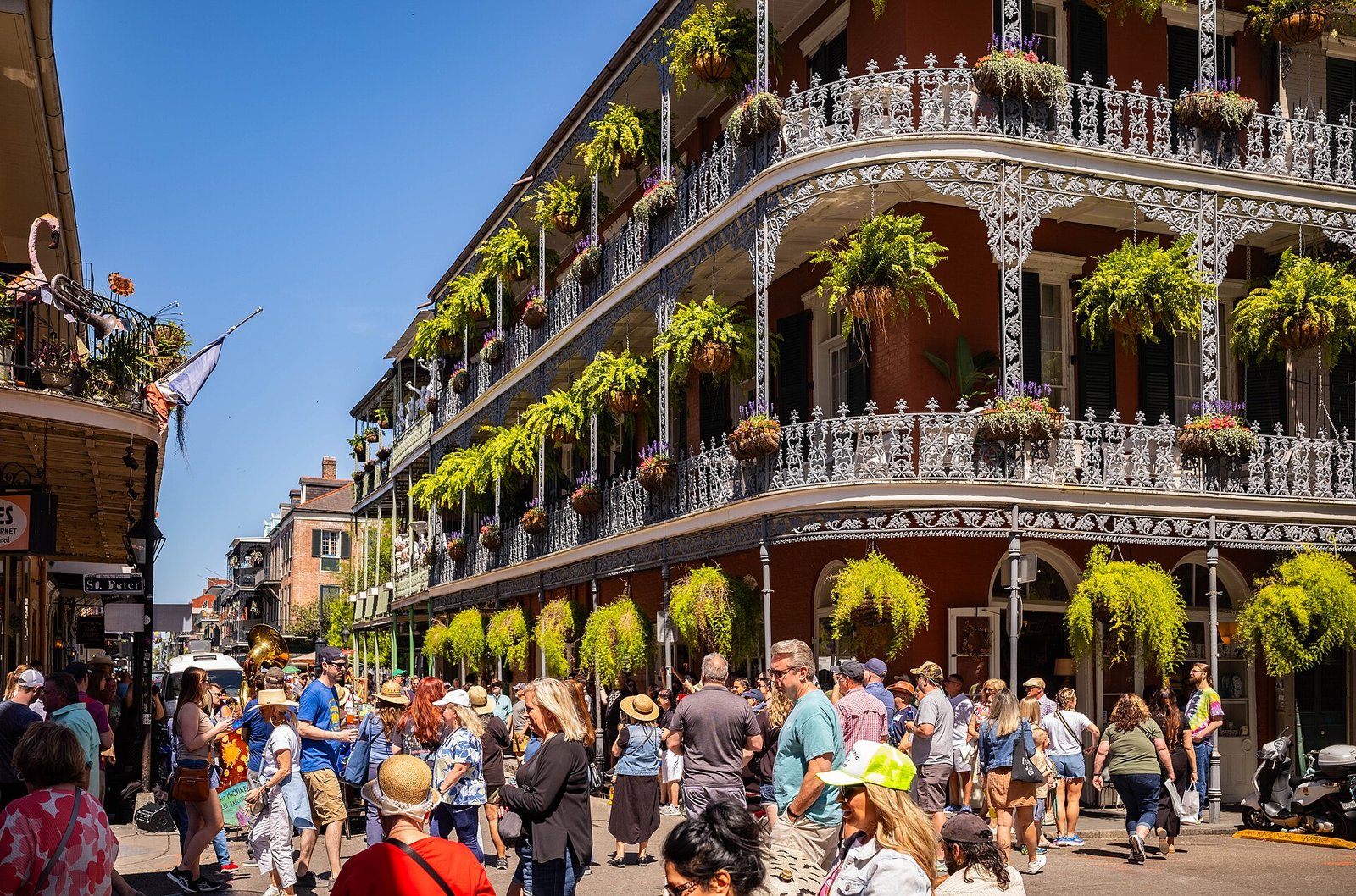 Balconies and iron railings on a French Quarter street in New Orleans
