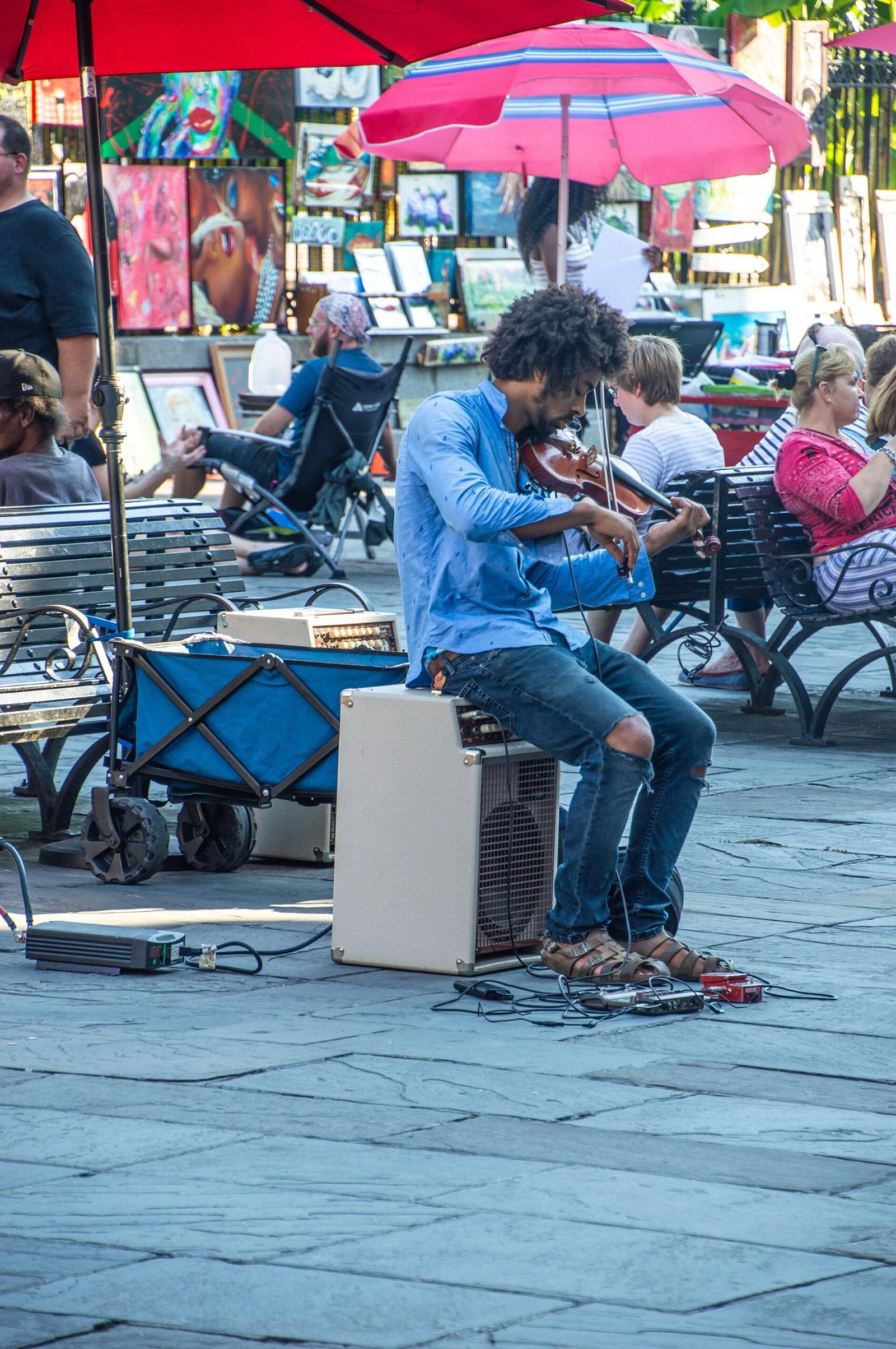 A street musician playing in Jackson Square