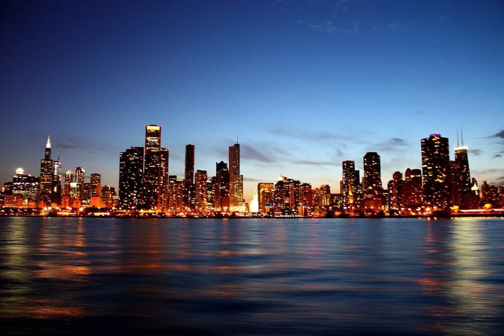 The Chicago skyline seen across Lake Michigan