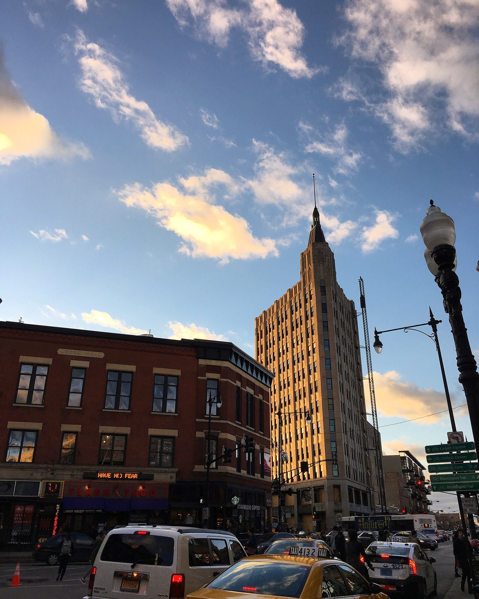 Shops and old buildings at the Six Corners in Wicker Park, Chicago