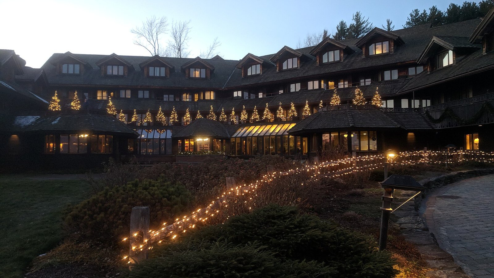 The Trapp Family Lodge in Stowe, Vermont, lit up for the holidays