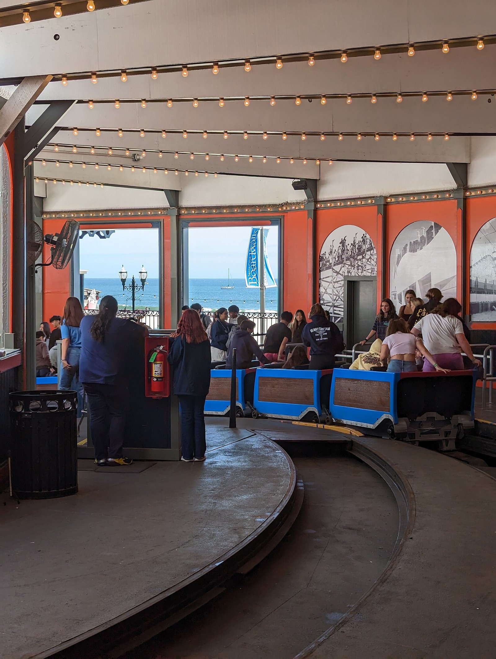 Riders boarding the Giant Dipper at the Santa Cruz Beach Boardwalk