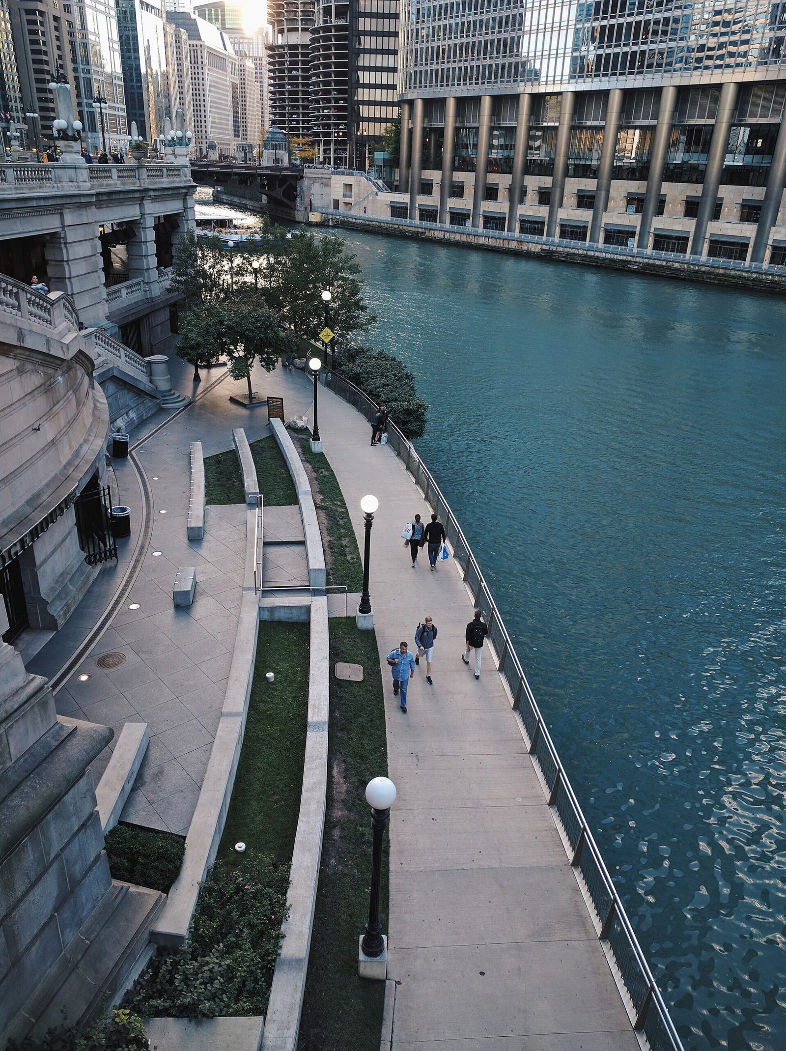 The Chicago Riverwalk below the bridges downtown