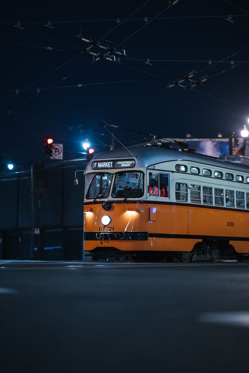 A vintage F Market streetcar on the Embarcadero in San Francisco