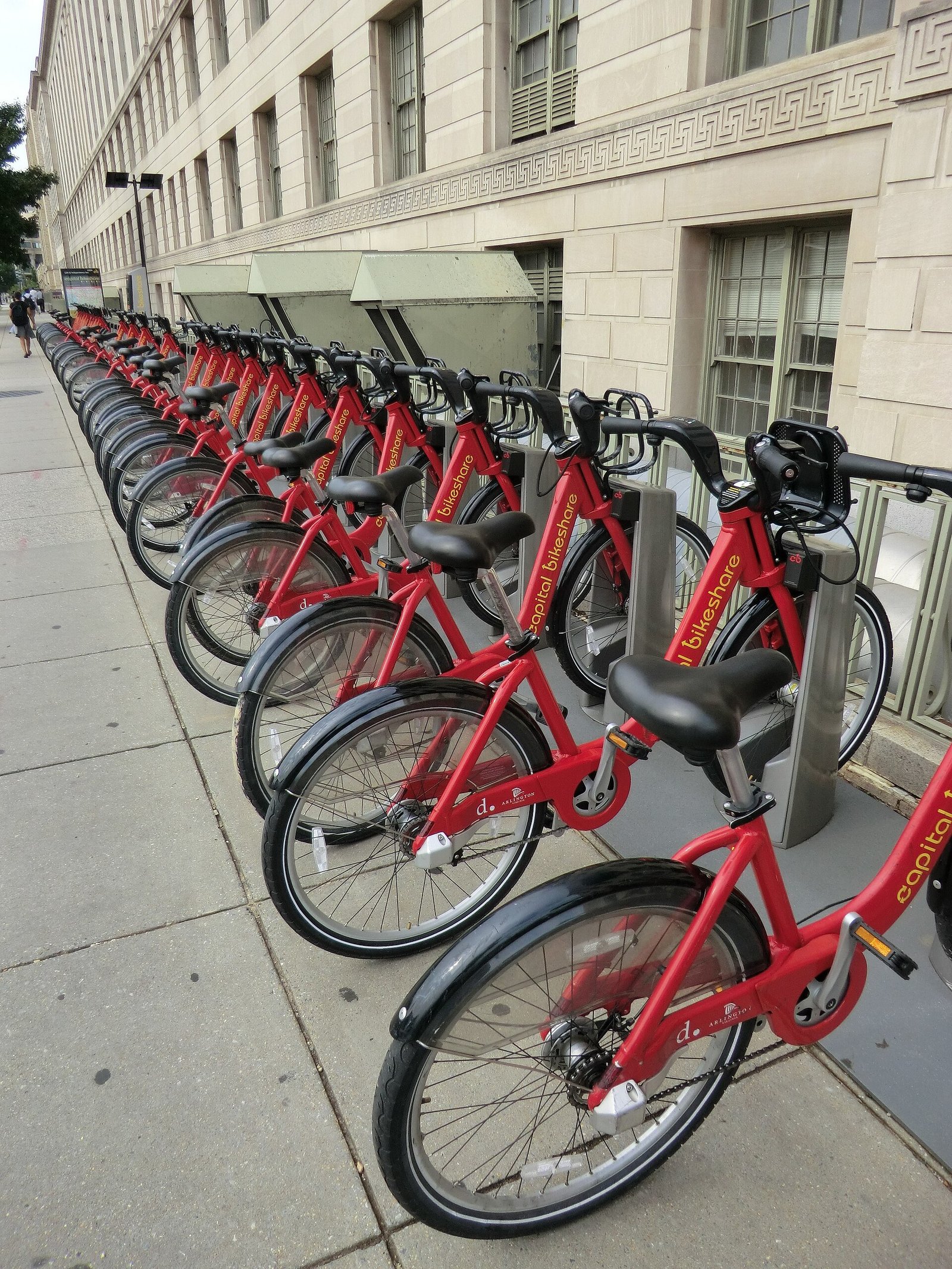 A red Capital Bikeshare docking station in Washington DC