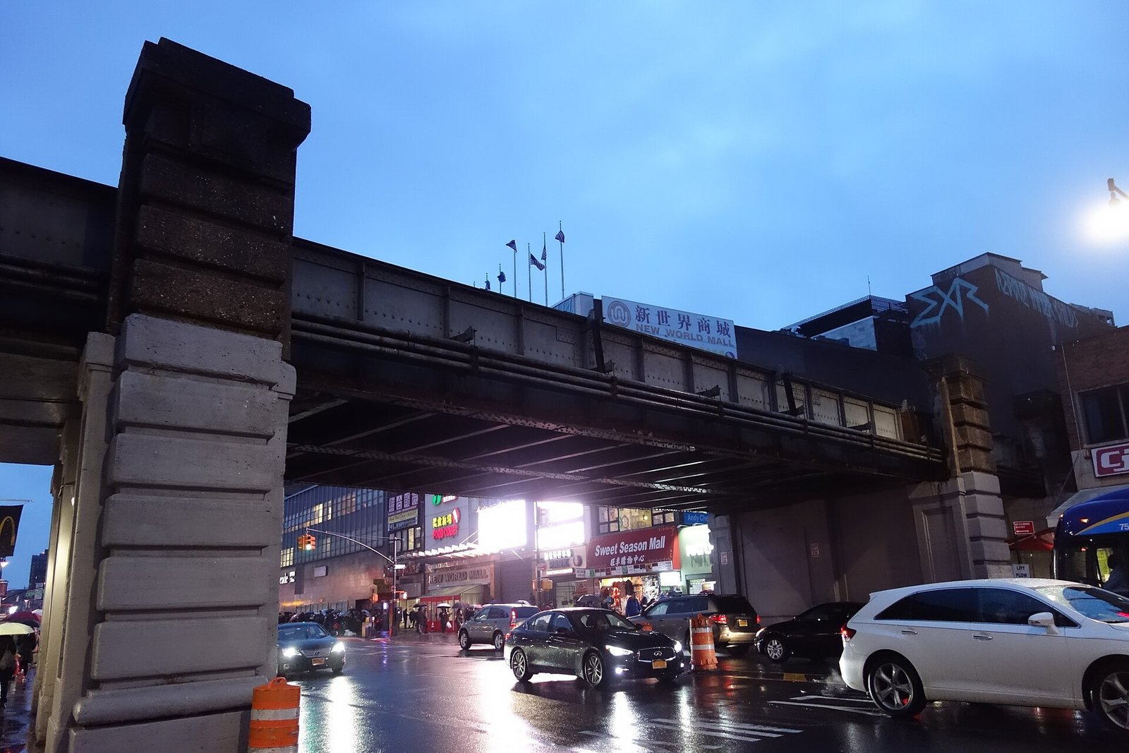 Main Street in Flushing, Queens, under the railroad bridge