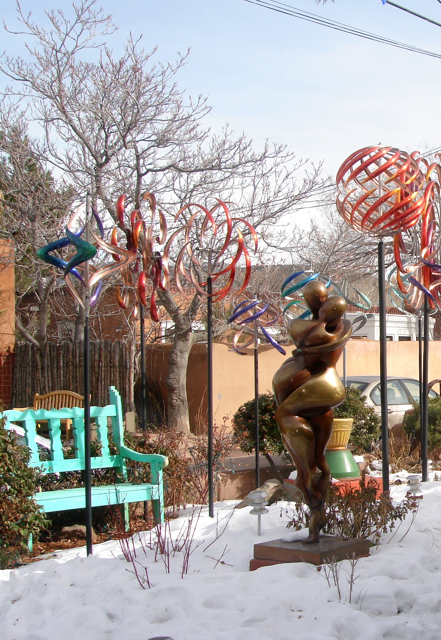 Metal sculptures outside a gallery on Canyon Road in Santa Fe