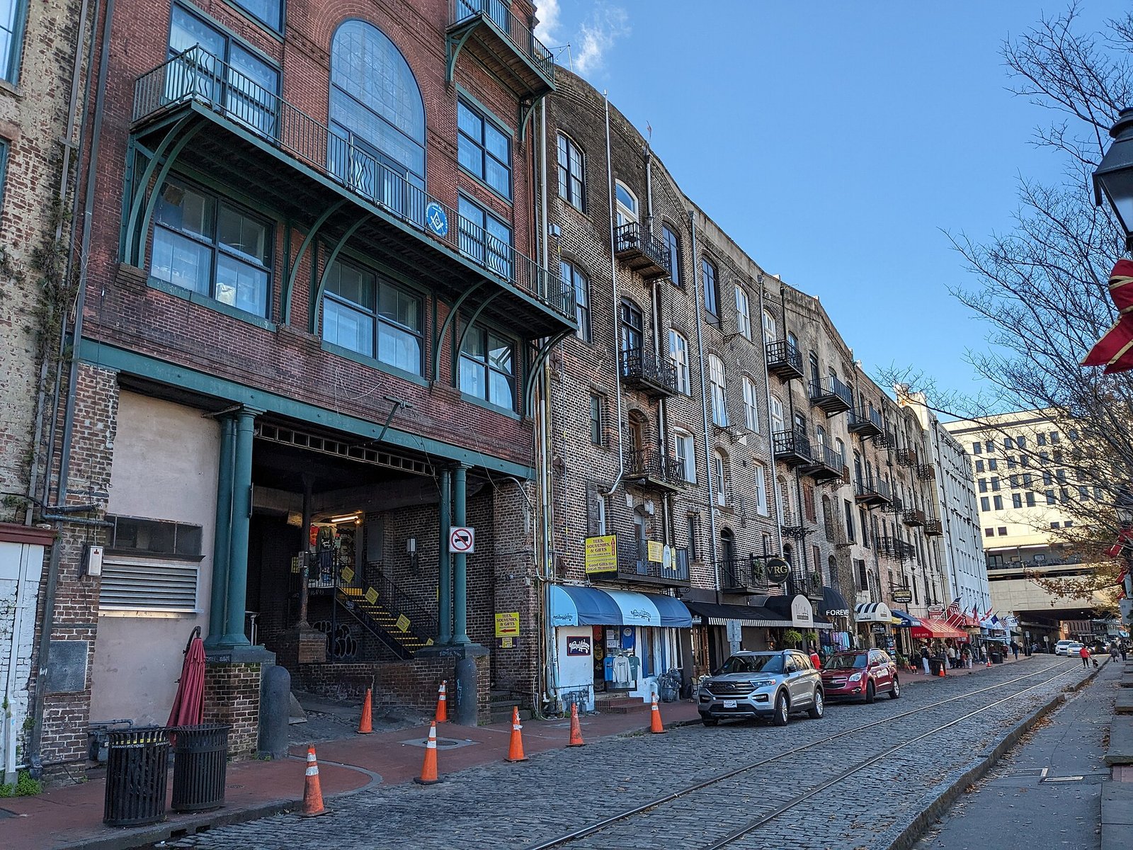 Old brick warehouses facing River Street in Savannah