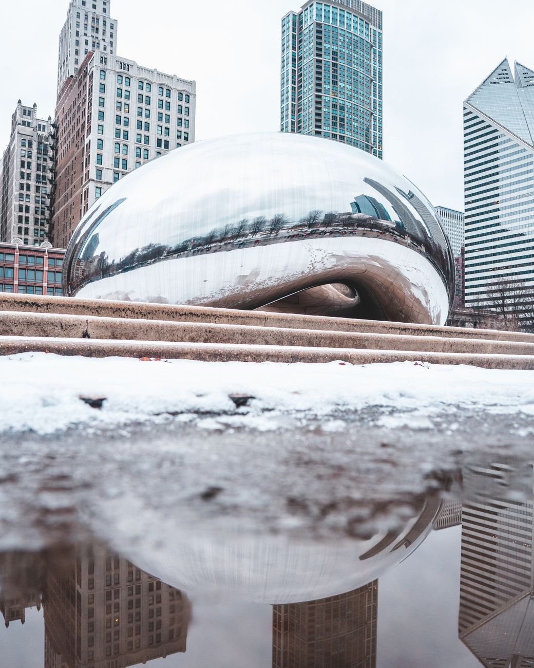 Cloud Gate, the Bean, in Millennium Park on a snowy day
