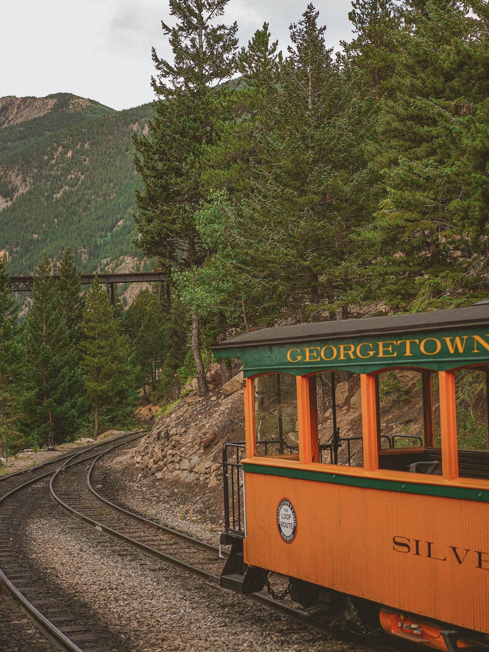 An open car on the Georgetown Loop Railroad above Georgetown, Colorado