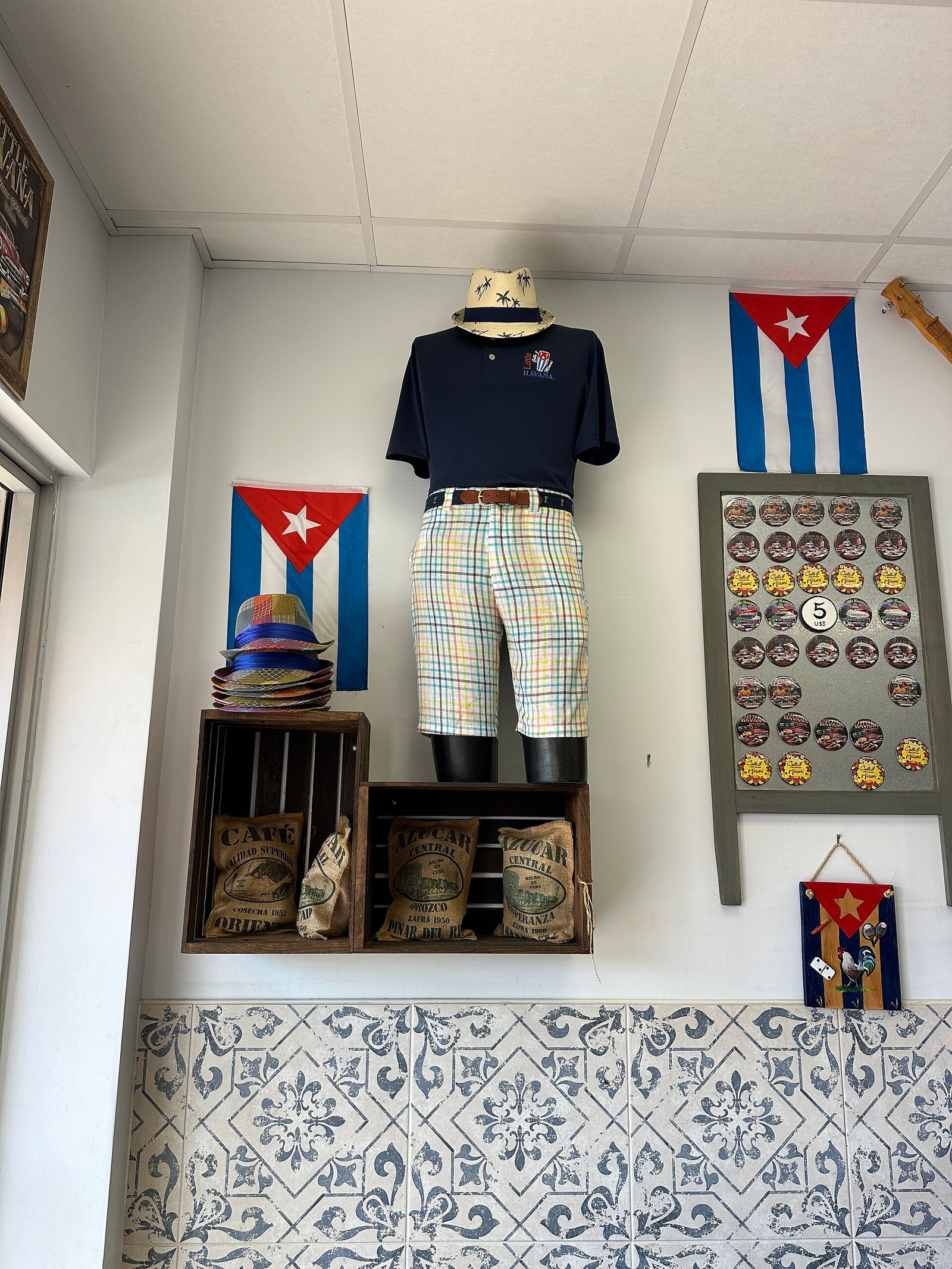 Cuban flags and guayabera shirts in a shop on Calle Ocho, Little Havana