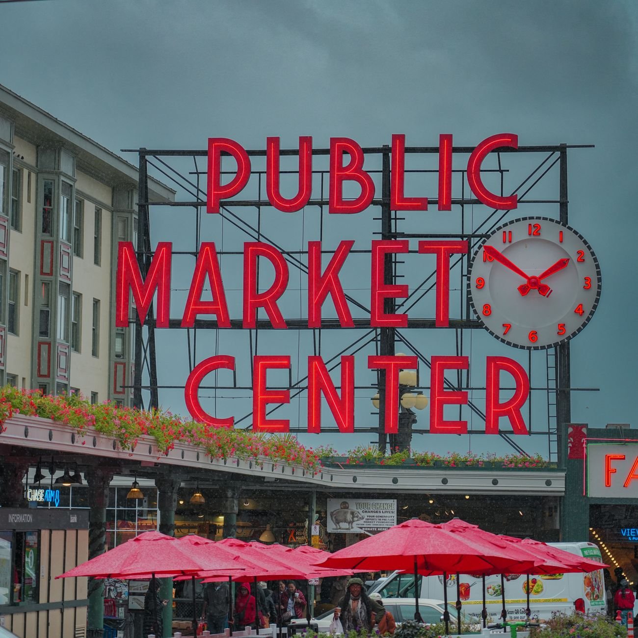 The neon Public Market sign at Pike Place Market in Seattle