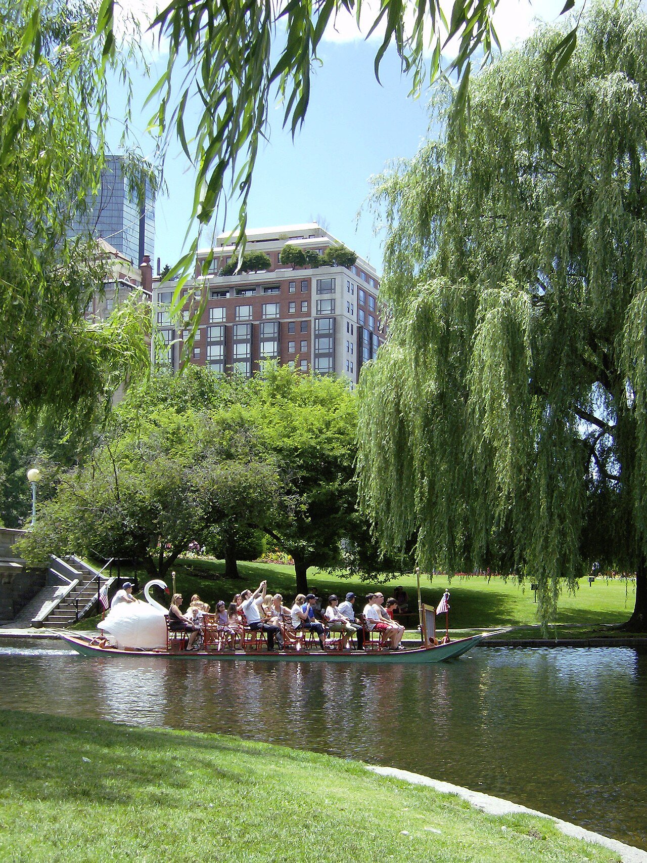 A swan boat on the lagoon in the Boston Public Garden