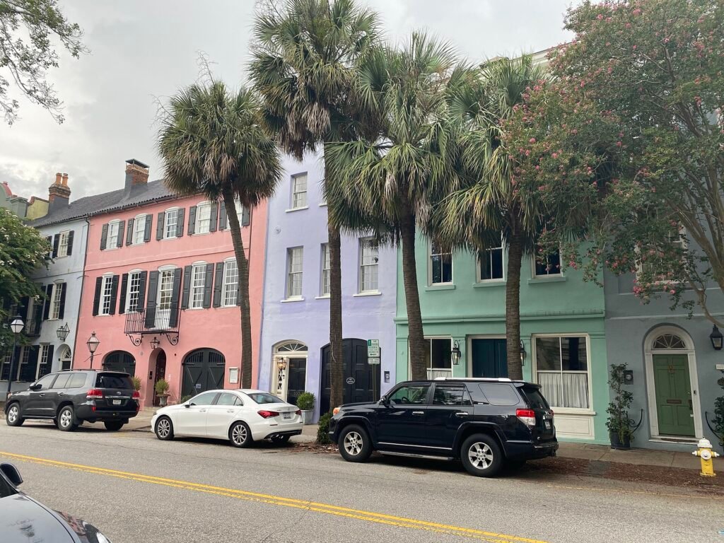 The pastel houses of Rainbow Row on East Bay Street in Charleston
