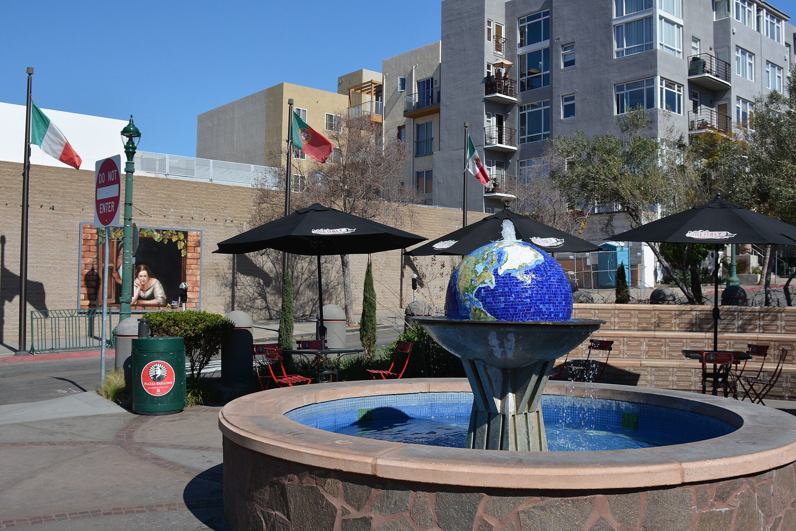 A fountain on a piazza in San Diego's Little Italy