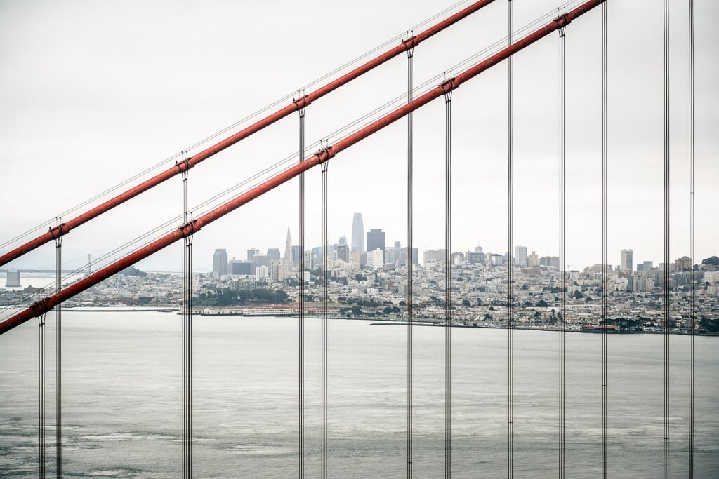San Francisco seen through the cables of the Golden Gate Bridge