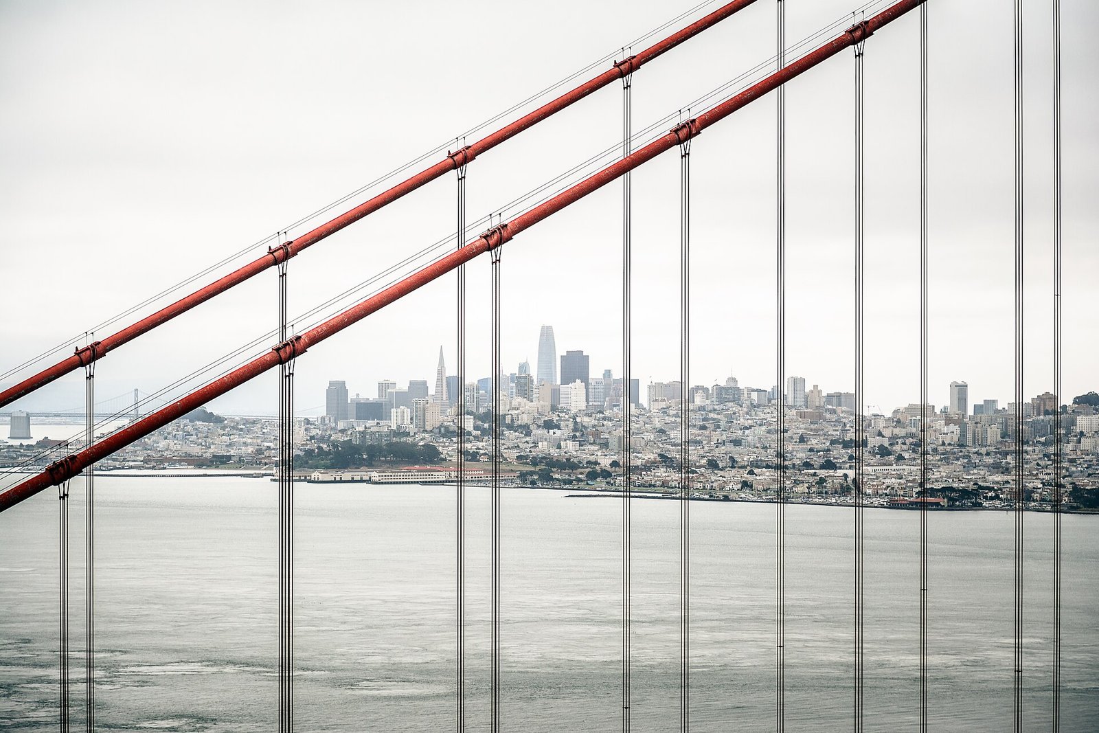 San Francisco seen through the cables of the Golden Gate Bridge