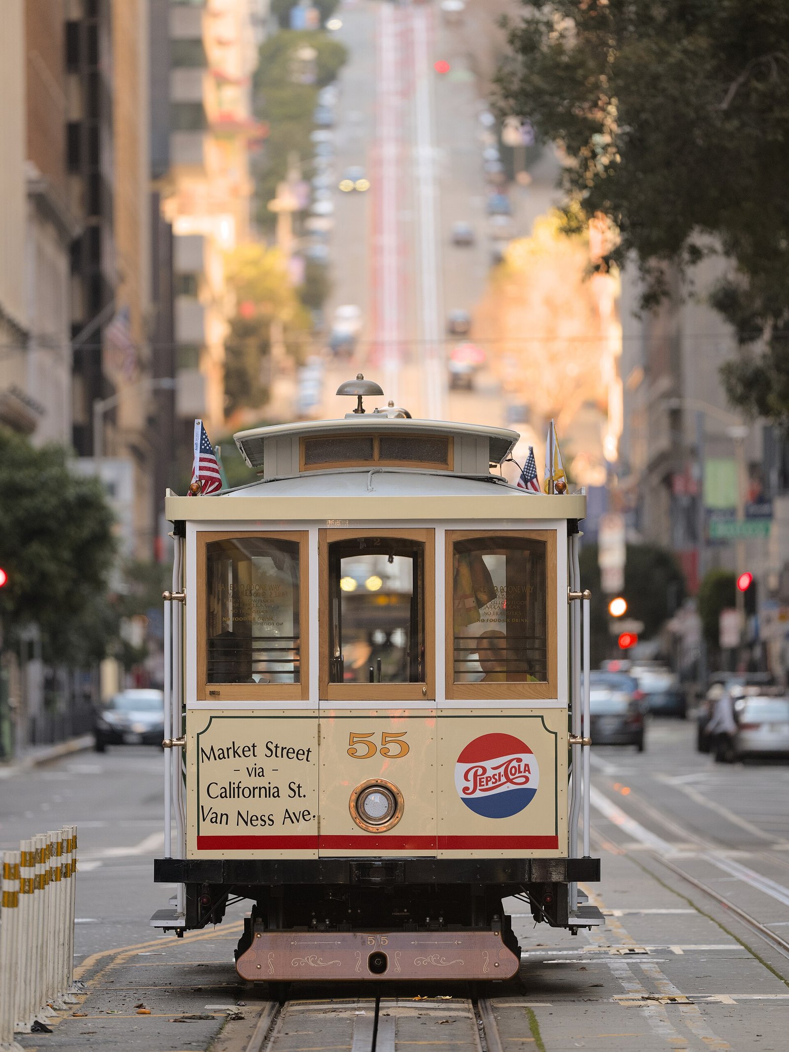 A San Francisco cable car climbing a steep hill