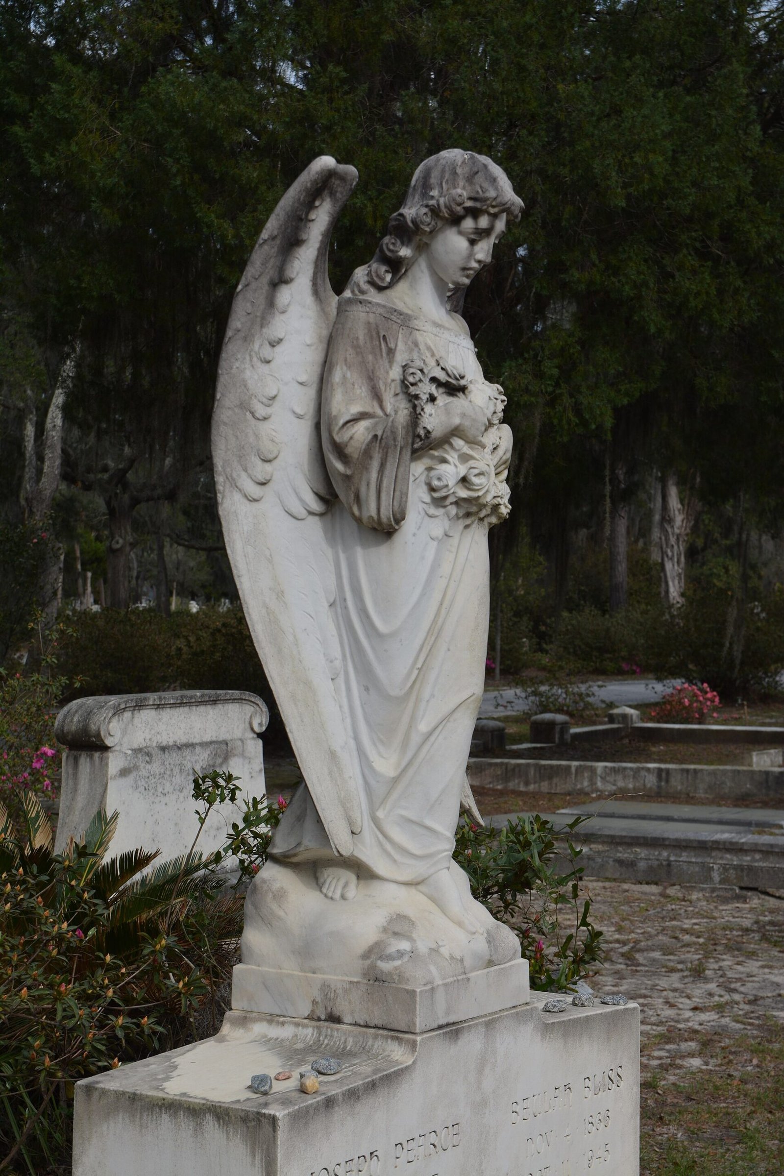 A marble angel among the oaks of Bonaventure Cemetery in Savannah