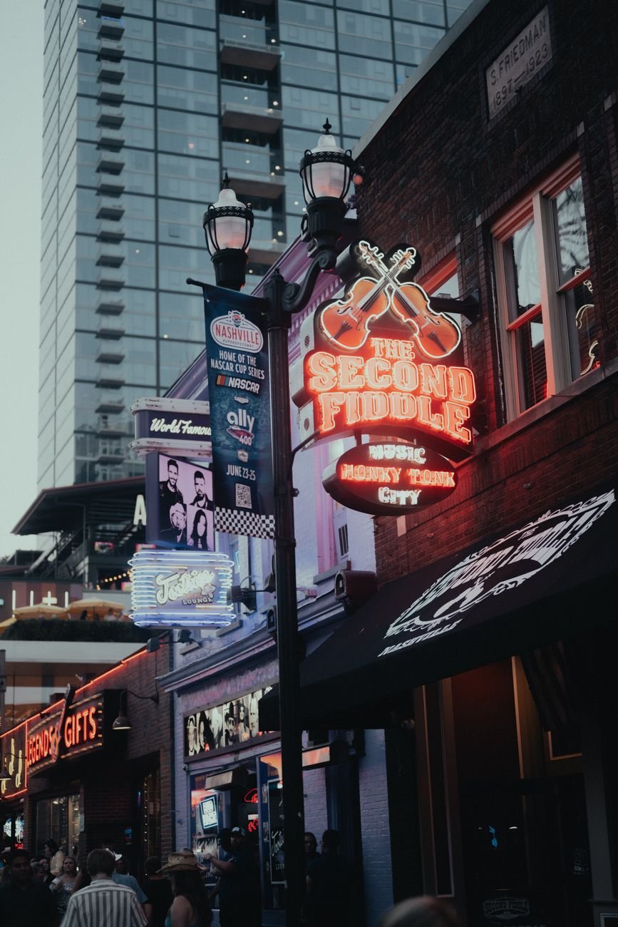 Neon signs of the honky-tonks on Lower Broadway in Nashville