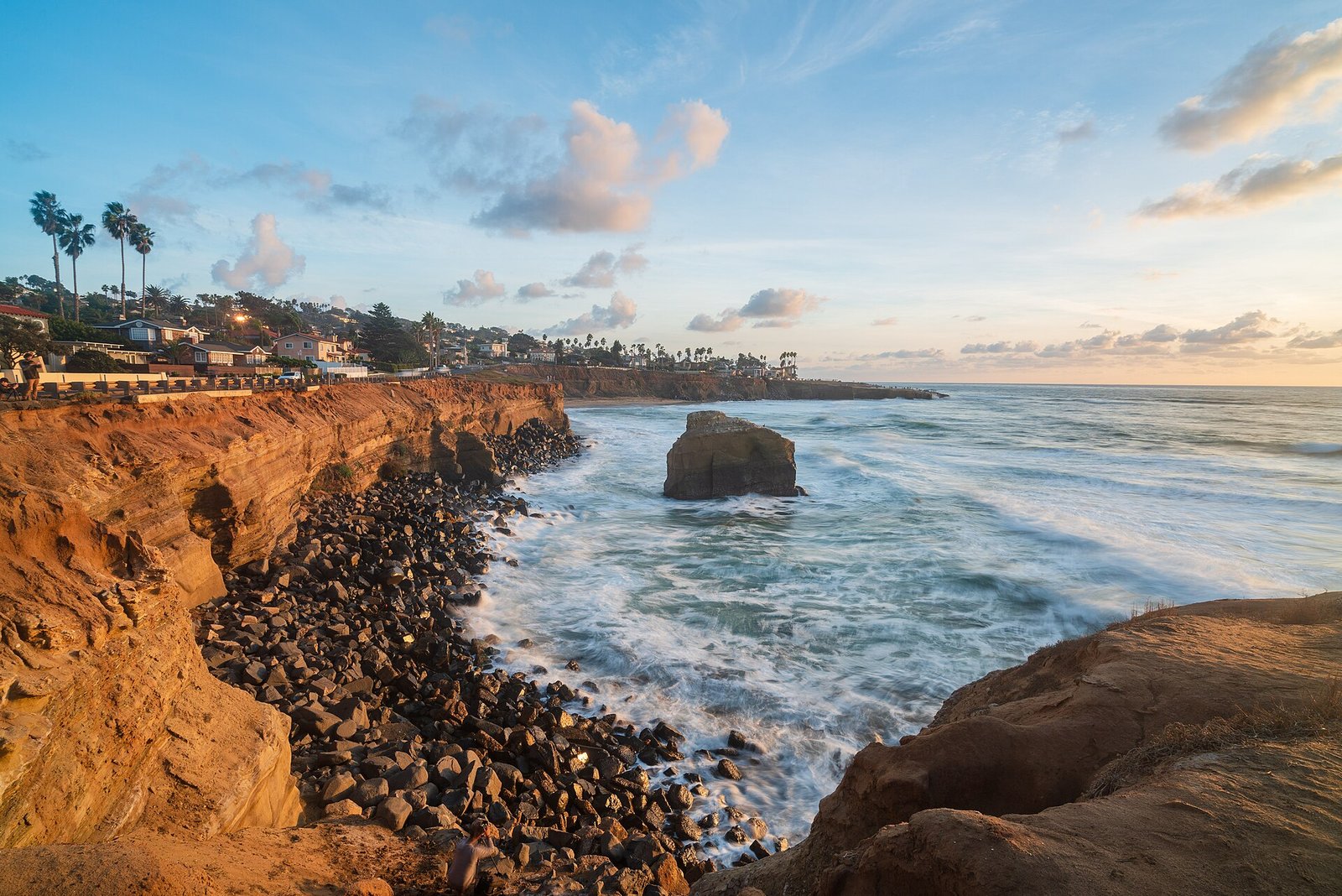 Waves and sandstone cliffs at Sunset Cliffs in San Diego