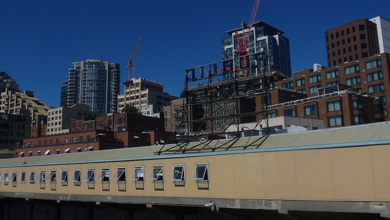 The back of the Public Market sign at Pike Place Market, Seattle