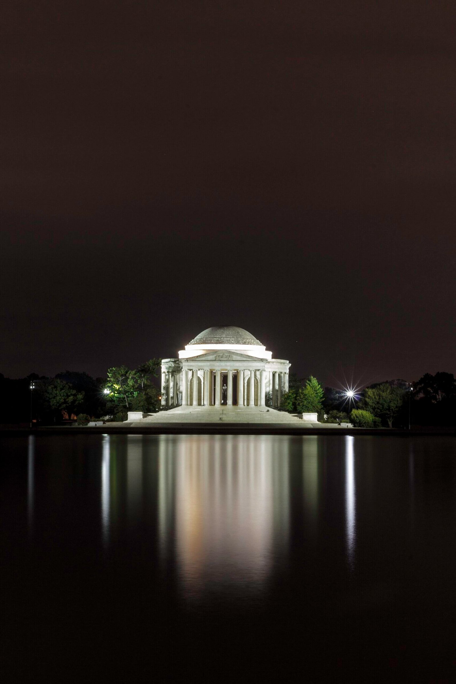 The Jefferson Memorial lit up at night across the Tidal Basin