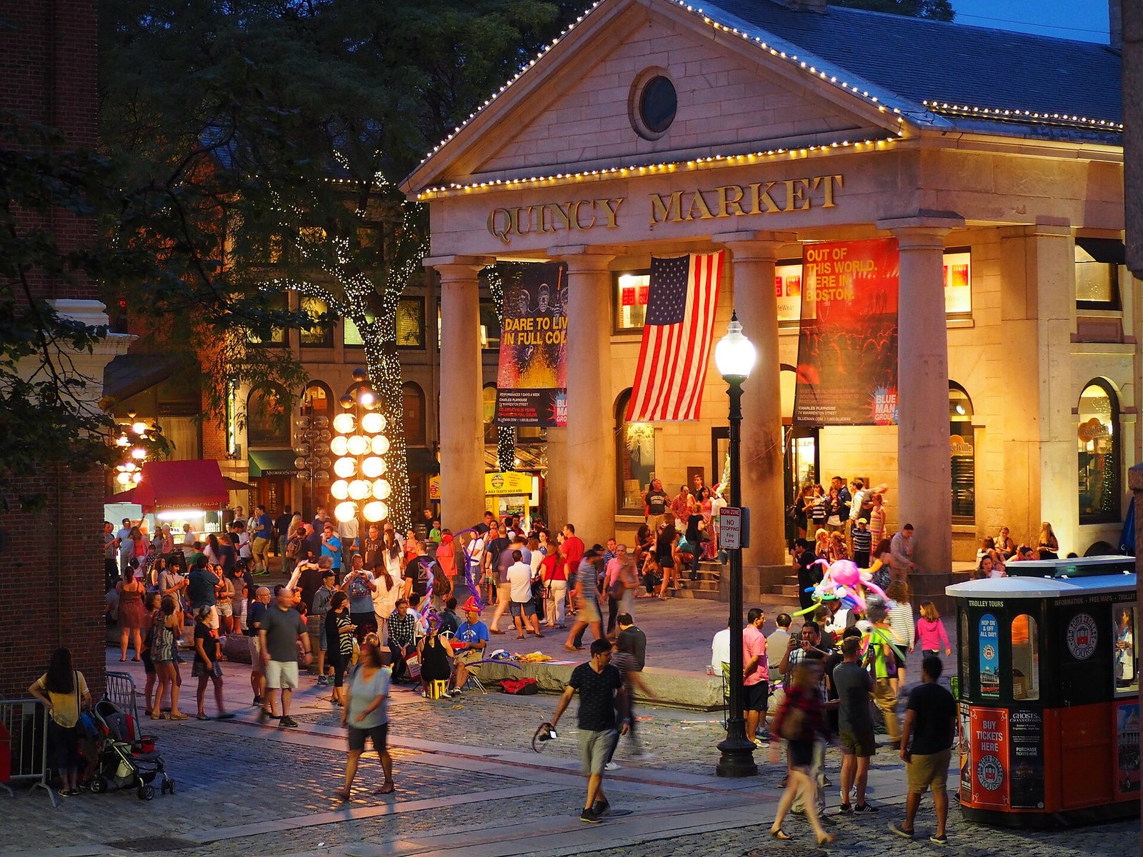 Quincy Market lit up on an evening at Faneuil Hall Marketplace